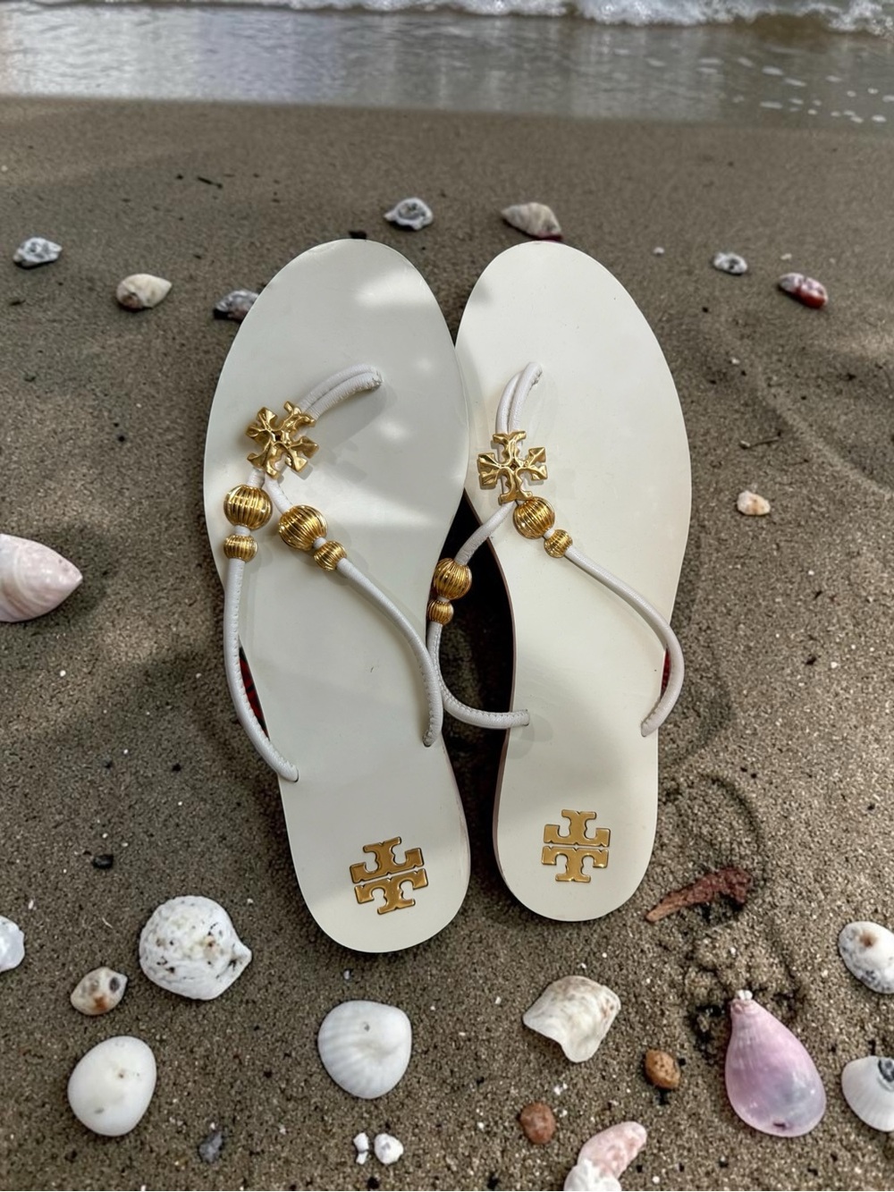 Tory Burch White & Gold Embellished Leather Sandals Size 7